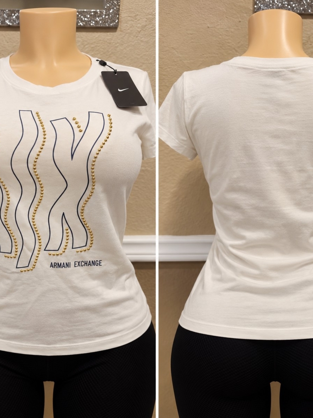 Armani Exchange Cream Short-Sleeve Tee with Navy Logo and Gold Studs